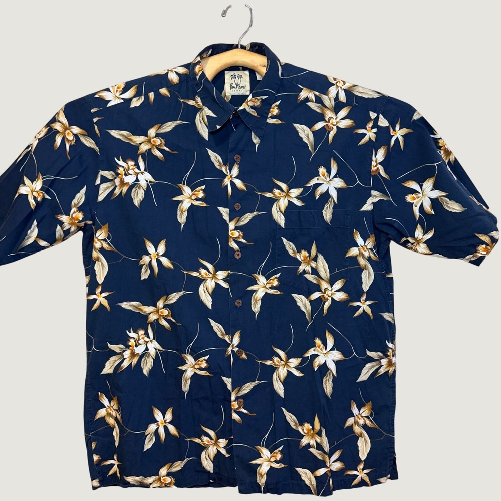 Pau Hana Hawaii Shirt Navy Blue Orchid Floral Tropical Cotton Viscose Large